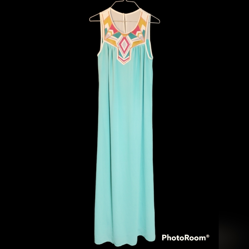 Flying Tomato sleeveless maxi dress, mint green sheer overlay  embroidery Small